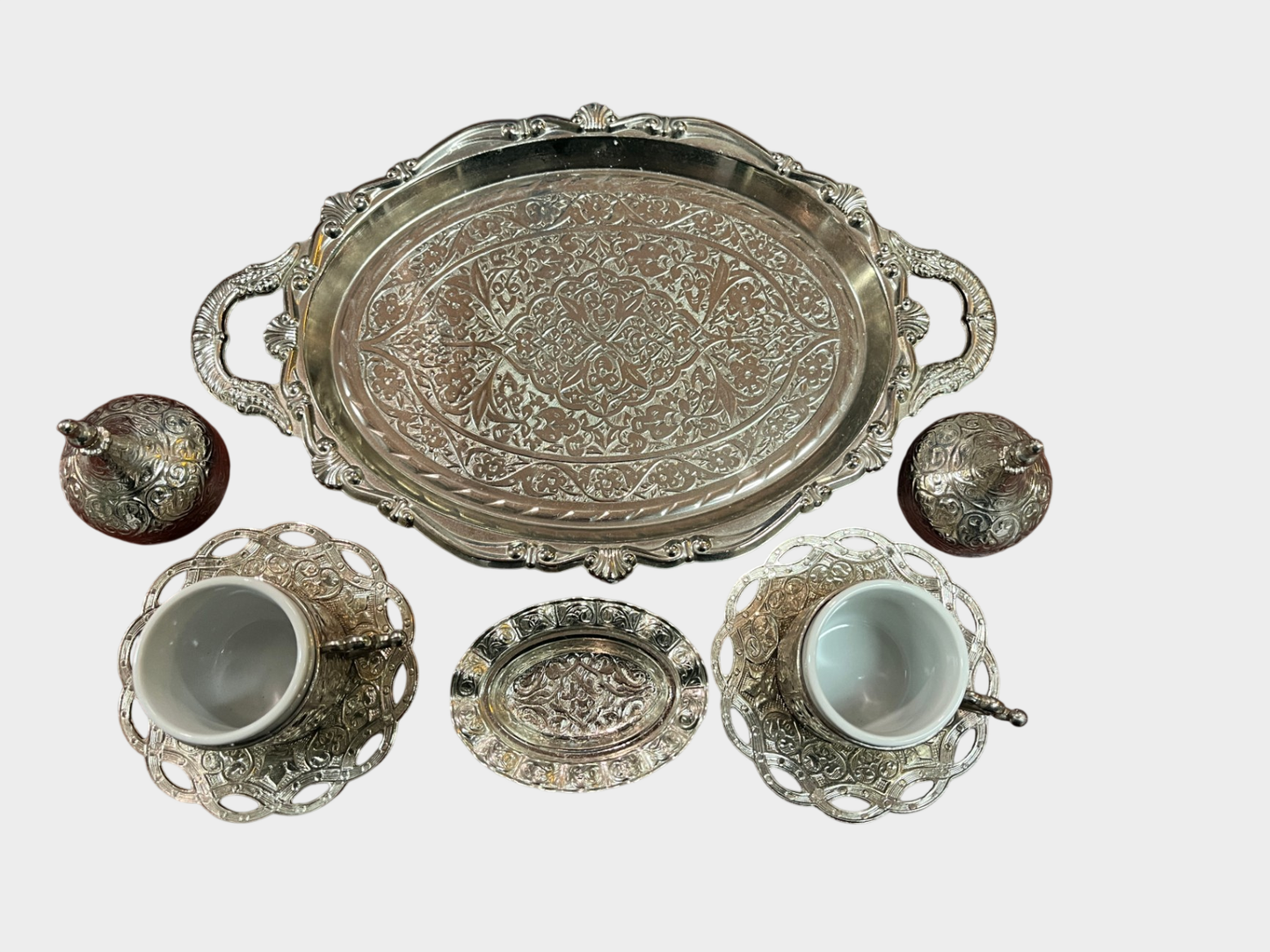 ARSAL Kaffeeset Tablett 2 Tassen Untertassen Metall Porzellan Türkei