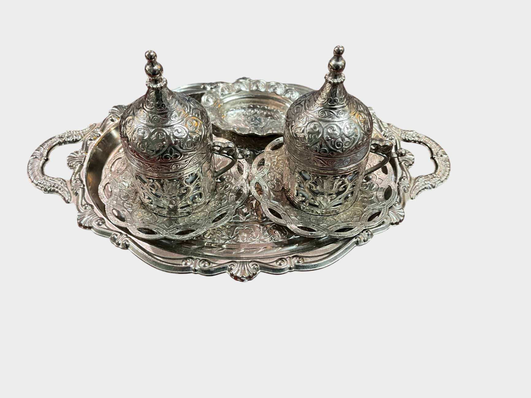 ARSAL Kaffeeset Tablett 2 Tassen Untertassen Metall Porzellan Türkei