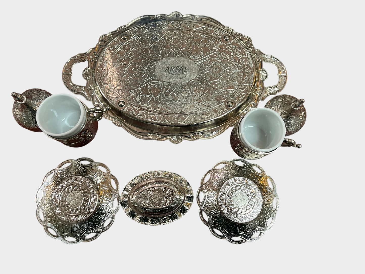 ARSAL Kaffeeset Tablett 2 Tassen Untertassen Metall Porzellan Türkei