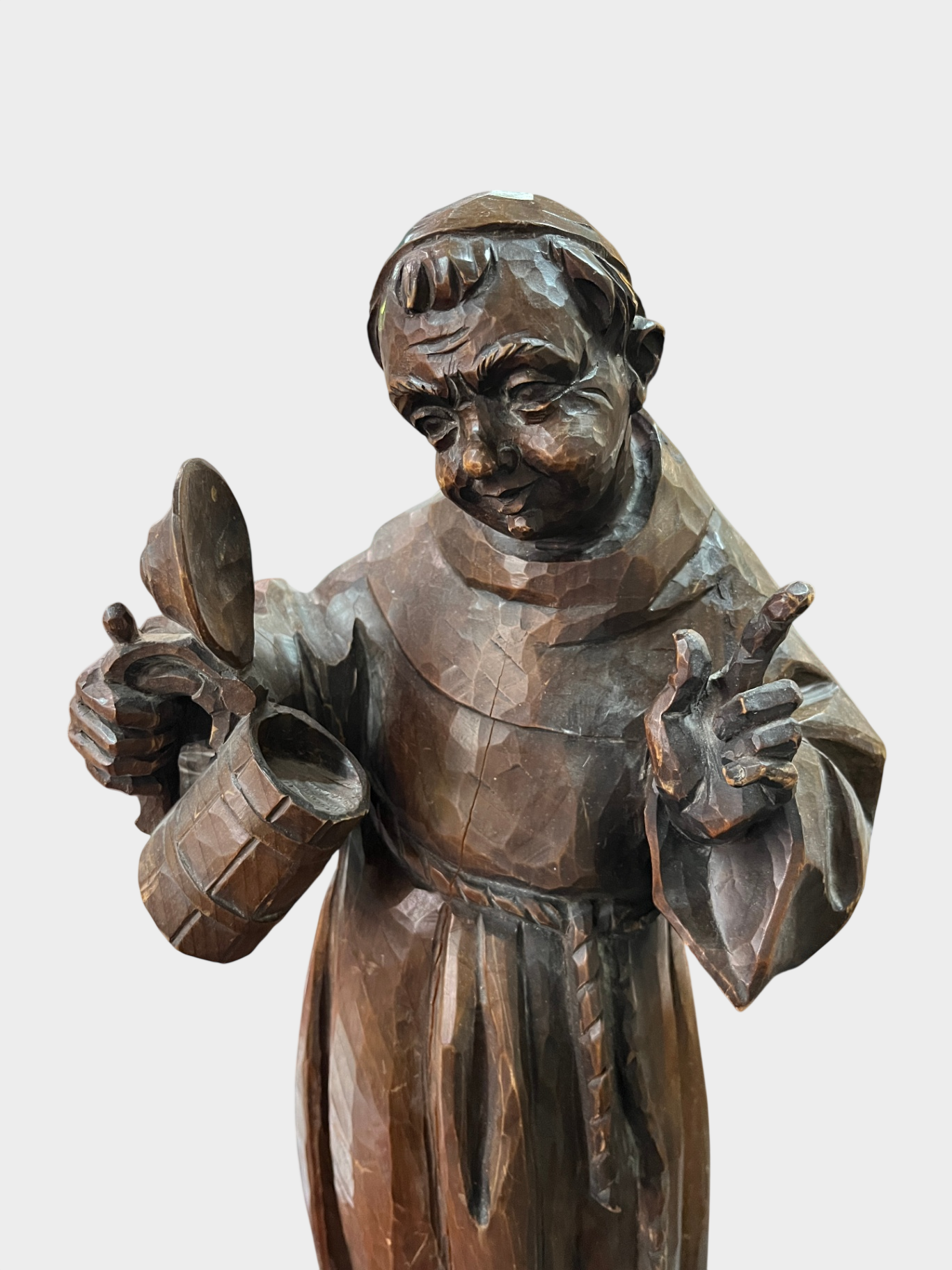 Handgeschnitzte Holzfigur Mönch mit Krug und Kerze – große Schnitzfigur ca. 55 cm