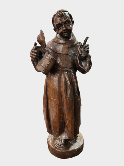 Handgeschnitzte Holzfigur Mönch mit Krug und Kerze – große Schnitzfigur ca. 55 cm
