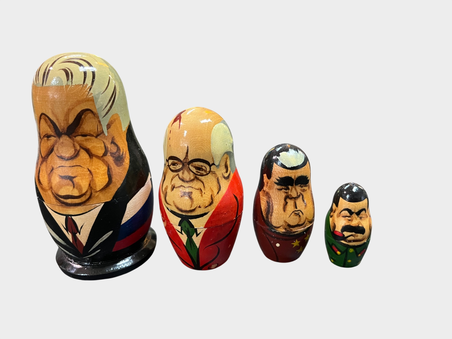 Matroschka Puppen Set 4 tlg Jelzin Gorbatschow Breschnew Stalin Karikatur Holz handbemalt