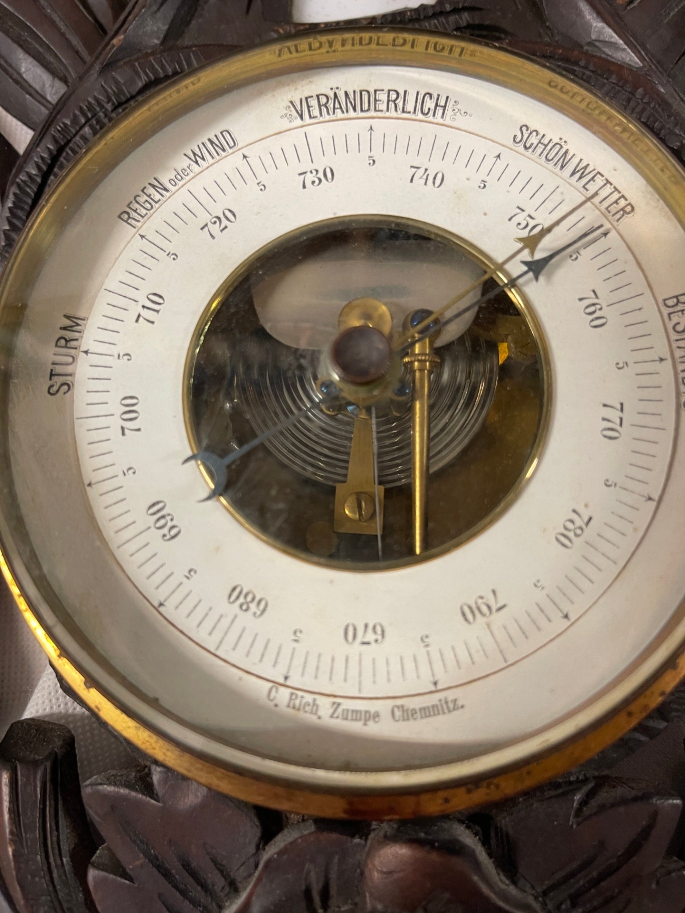 Antikes Wandbarometer Thermometer Holz geschnitzt C. Rich. Zumpe Chemnitz um 1900