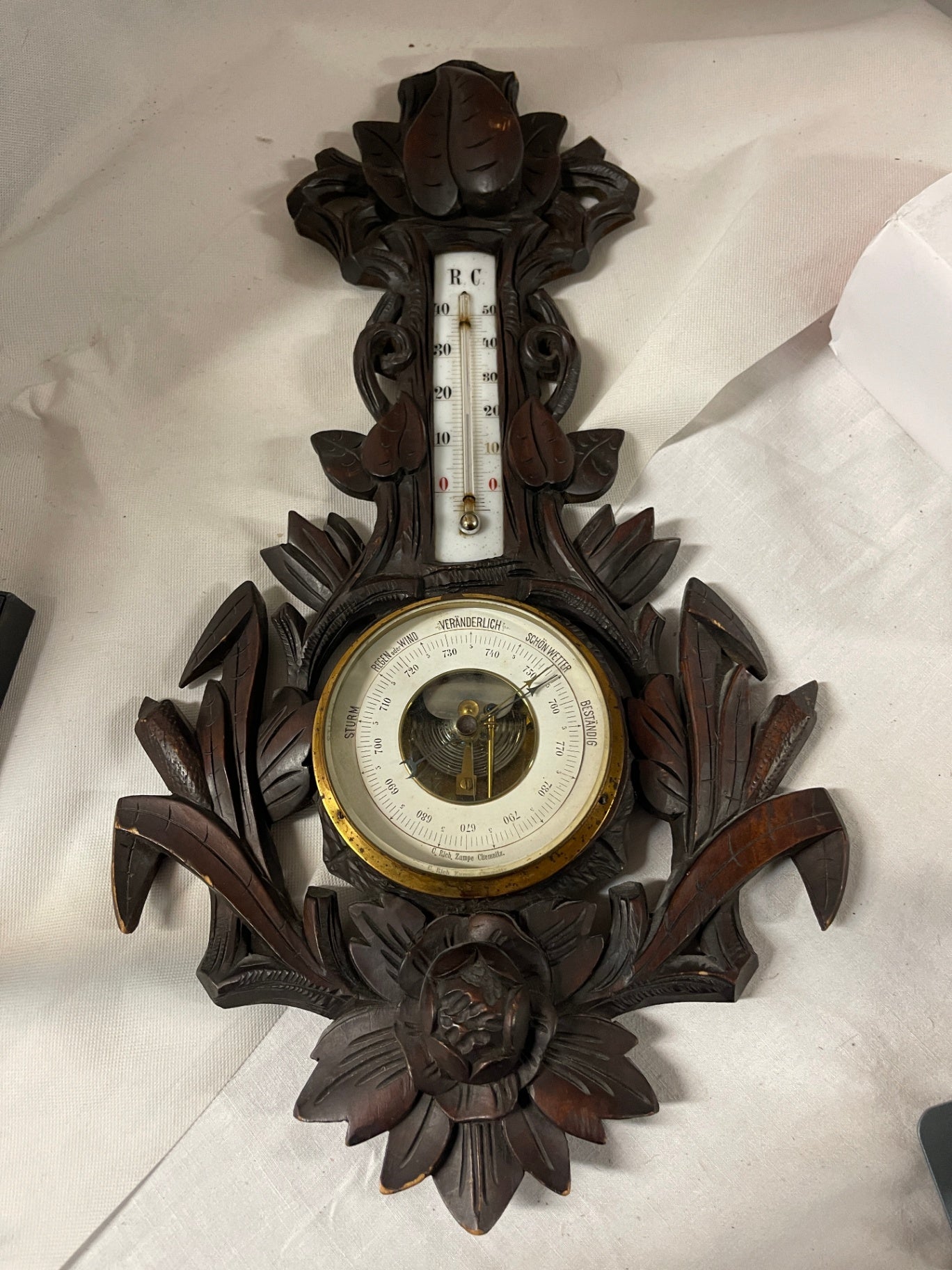 Antikes Wandbarometer Thermometer Holz geschnitzt C. Rich. Zumpe Chemnitz um 1900