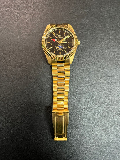 Astron Herren Armbanduhr Quartz Kalender Mondphase Goldfarben