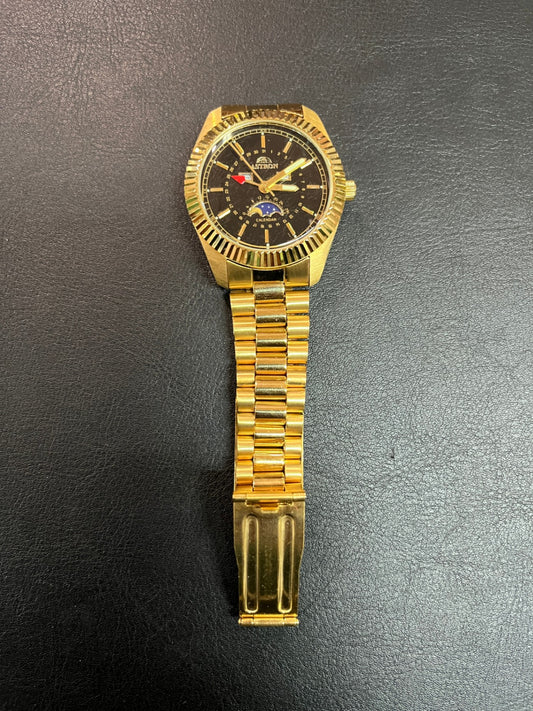 Astron Herren Armbanduhr Quartz Kalender Mondphase Goldfarben