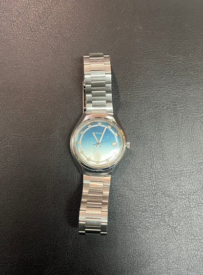 Citizen Automatik 1970er Armbanduhr Edelstahl blaues Zifferblatt 