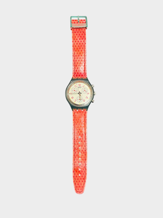 Swatch Chronograph Uhr Irony Transparent Rot Lederarmband Vintage