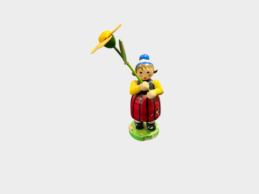 Otto Mertens Holzfigur Blumenkind mit gelber Blume handbemalt defekt