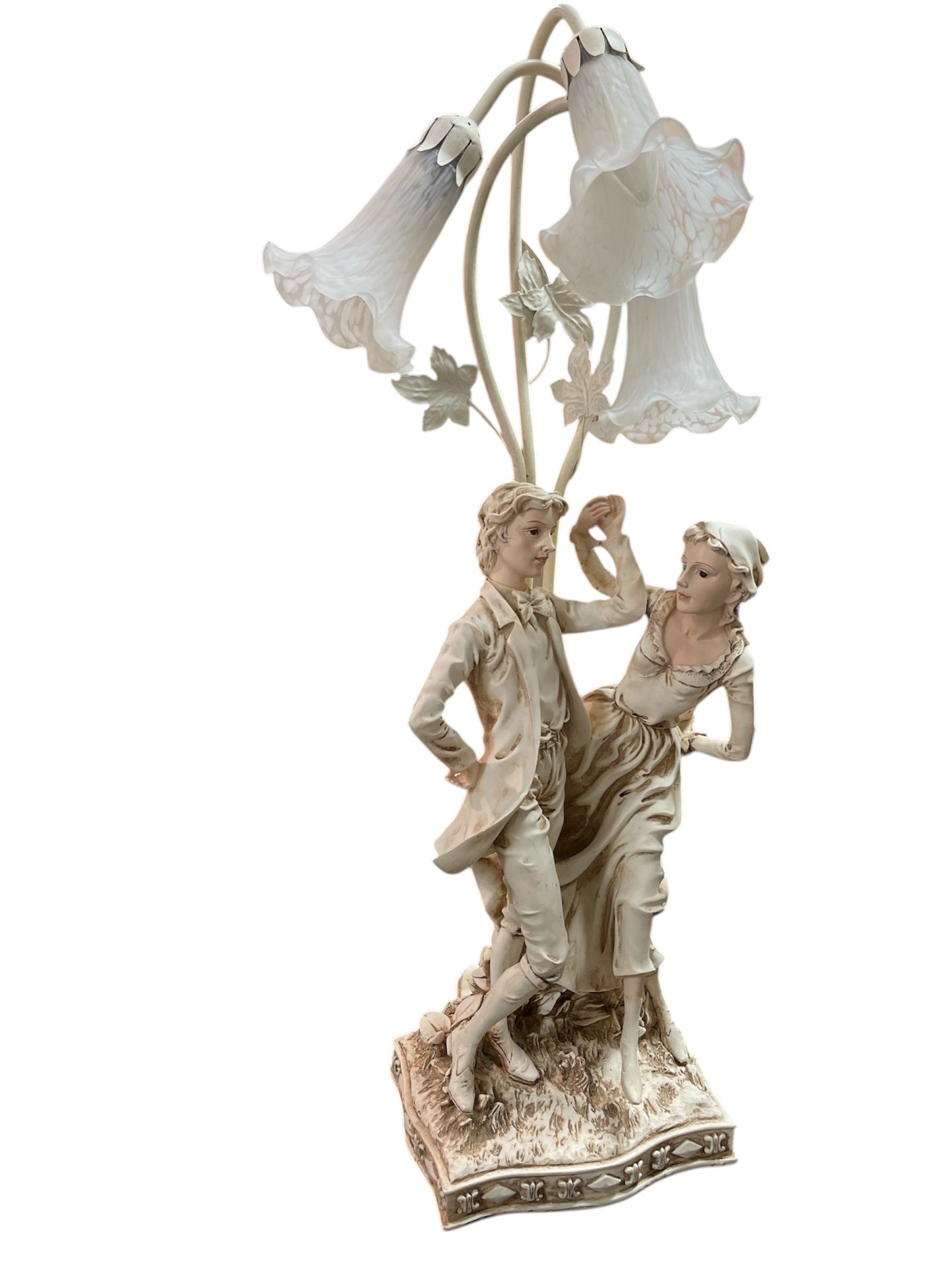 Jugendstil Design Stehlampe mit tanzenden Figuren und -Glasschirmen leicht beschädigt