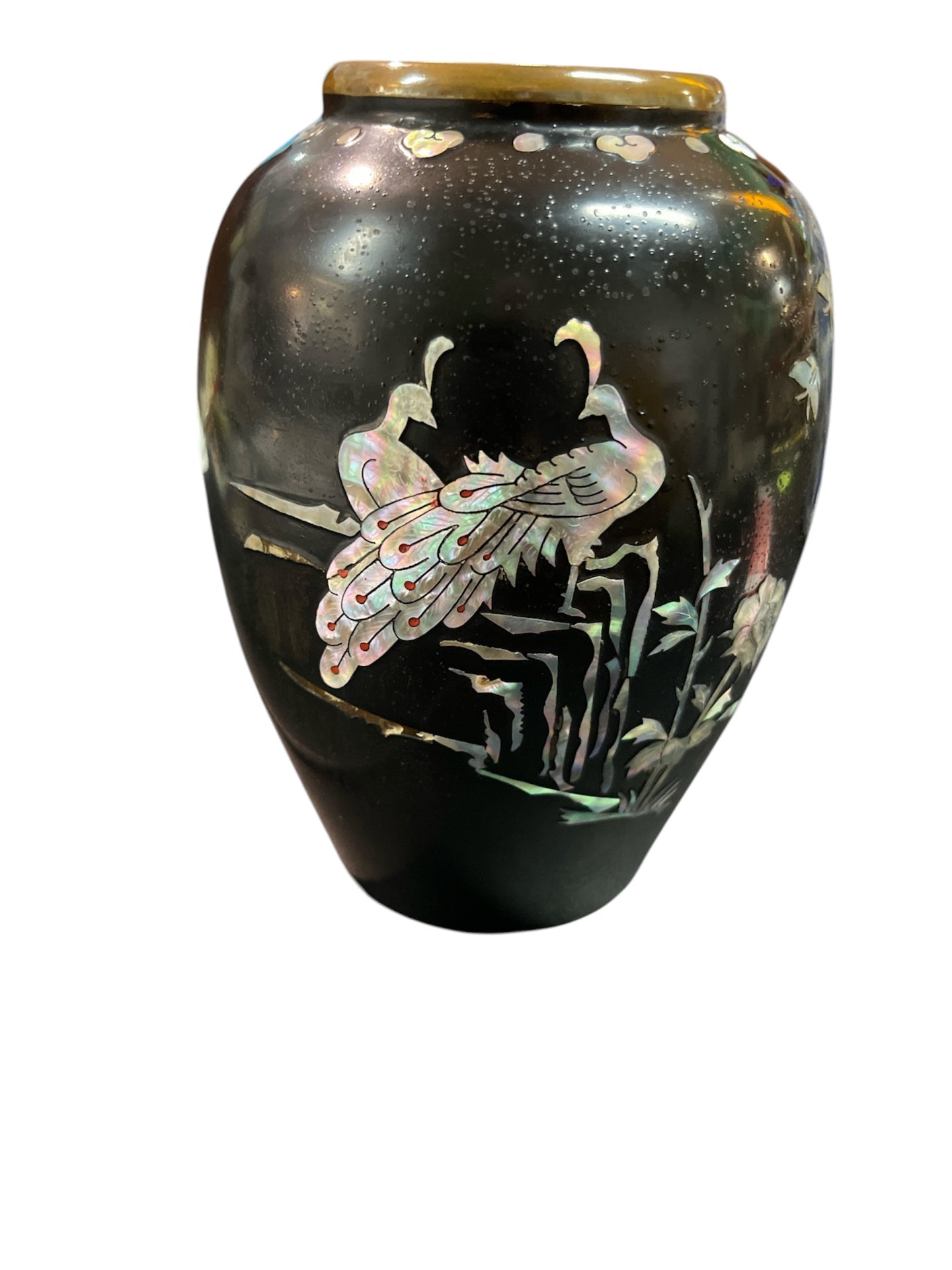 Asiatische Lackvase Perlmutt Intarsien Kraniche schwarz 18 cm Vase Dekor