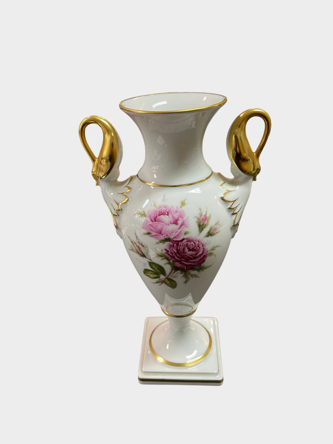 Kaiser Porzellan Vase „Moosrose“ 23 cm – mit Golddekor & Schwanenhenkel