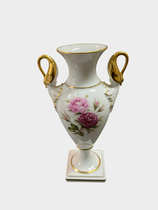 Kaiser Porzellan Vase „Moosrose“ 23 cm – mit Golddekor & Schwanenhenkel