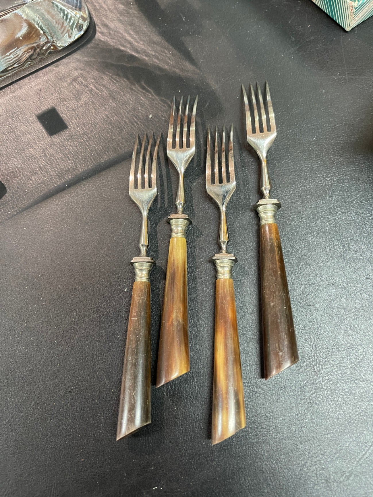 4 Gabeln Horngriff Besteck Set vintage Metall Horn