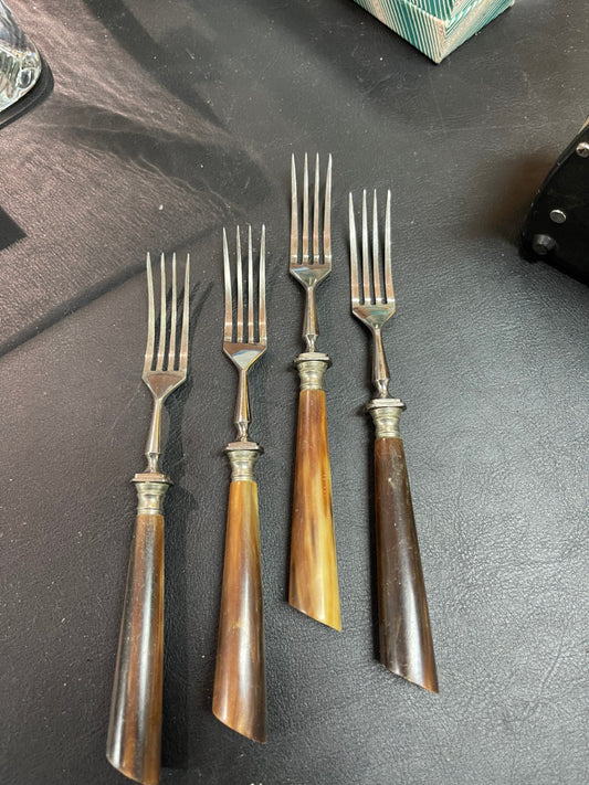4 Gabeln Horngriff Besteck Set vintage Metall Horn