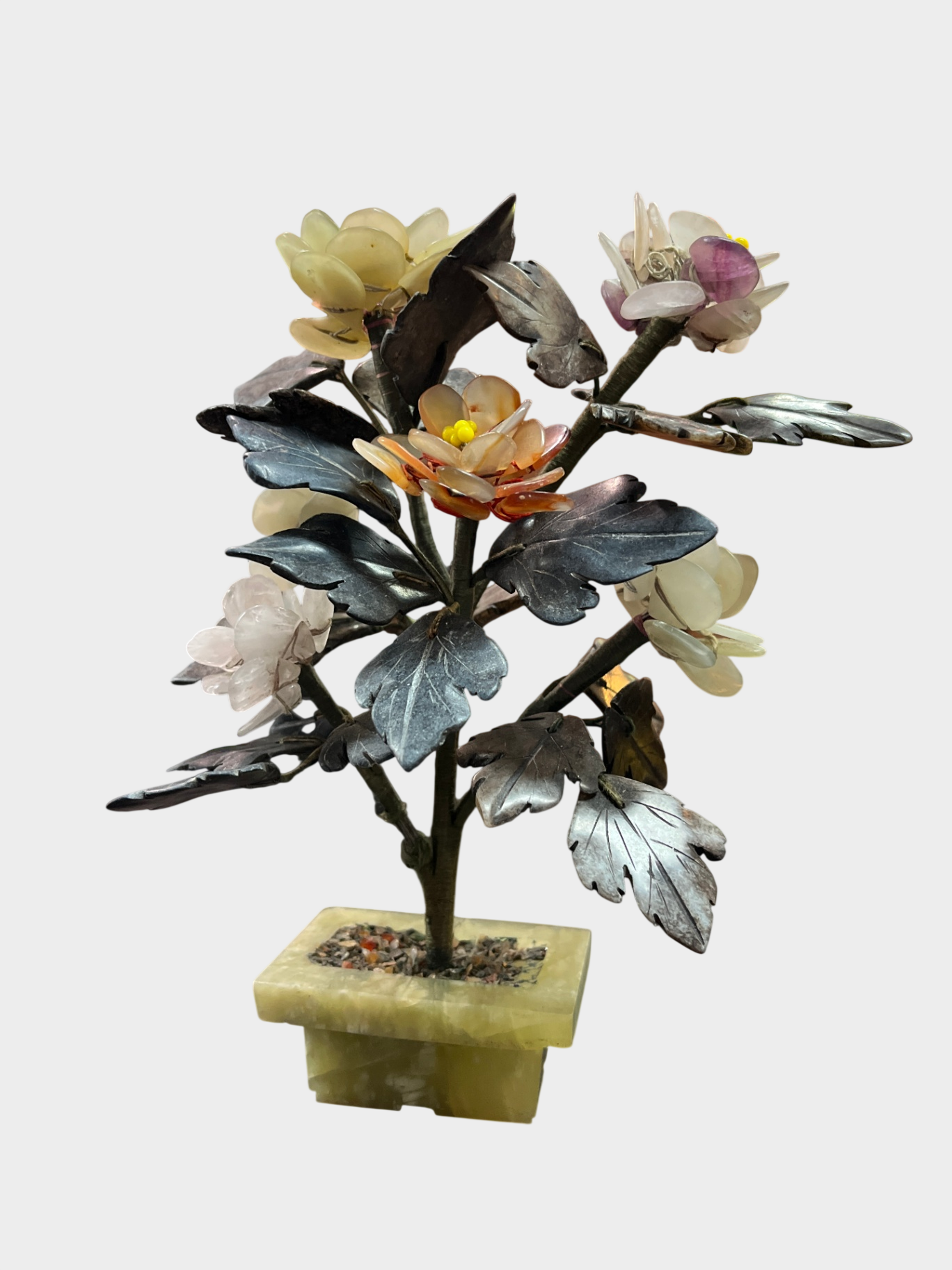 Chinesischer Jade Edelsteinbaum Steinblumen Bonsai Handarbeit 20 cm.
