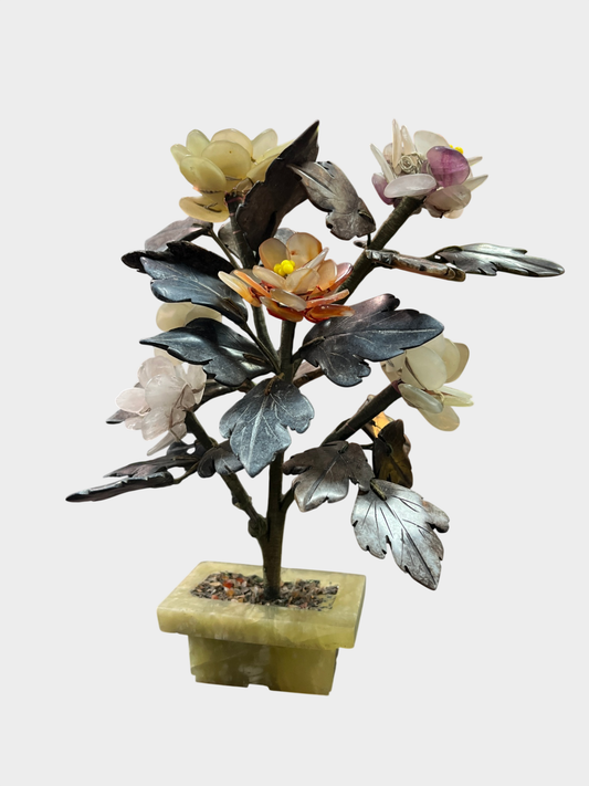 Chinesischer Jade Edelsteinbaum Steinblumen Bonsai Handarbeit 20 cm.