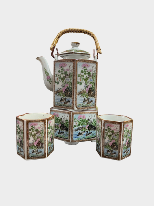 Teekannen Set Porzellan hexagonal handbemalt Enten Blumen Höhe 20 cm