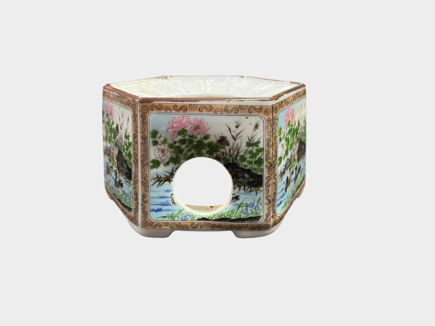 Teekannen Set Porzellan hexagonal handbemalt Enten Blumen Höhe 20 cm