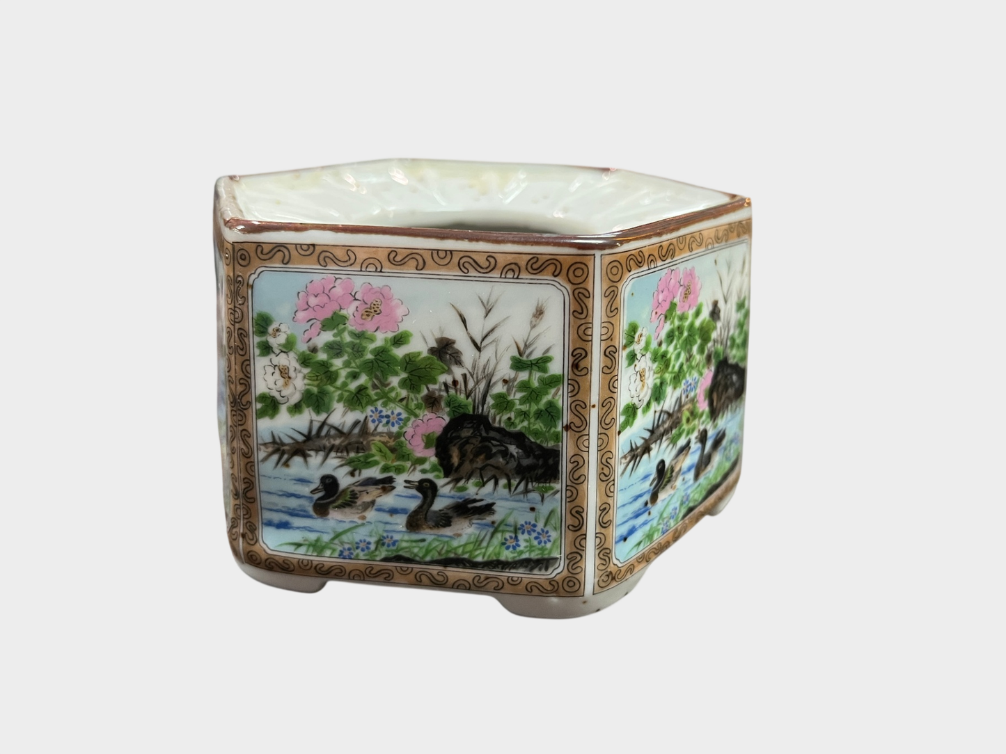 Teekannen Set Porzellan hexagonal handbemalt Enten Blumen Höhe 20 cm