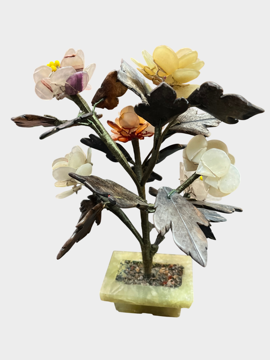 Chinesischer Jade Edelsteinbaum Steinblumen Bonsai Handarbeit 20 cm.