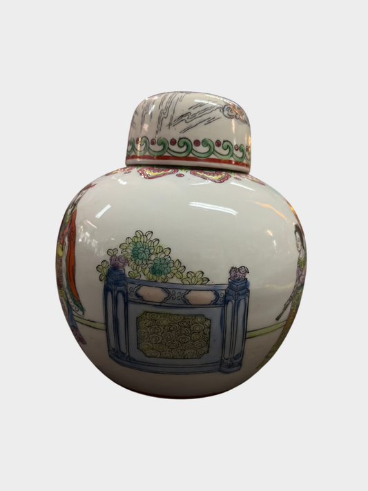 Porzellan Deckeldose Teedose China handbemalt Figuren Dekor