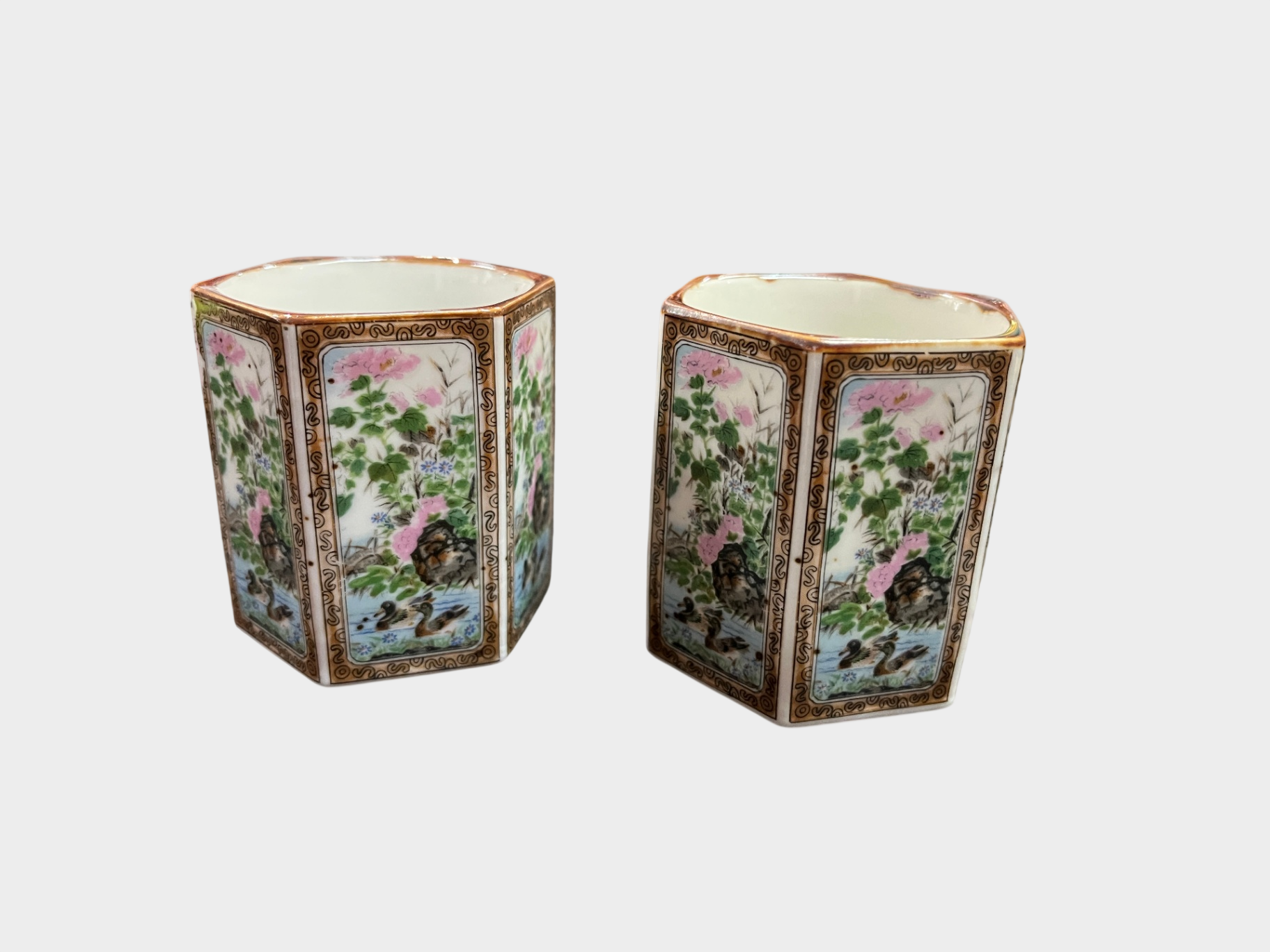 Teekannen Set Porzellan hexagonal handbemalt Enten Blumen Höhe 20 cm