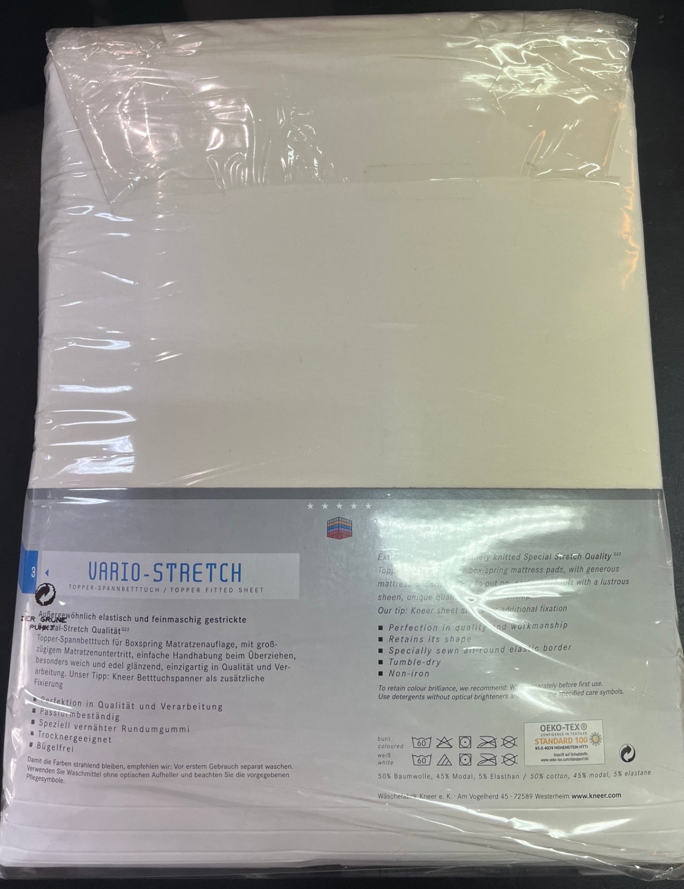 NEU Kneer Vario Stretch Topper Spannbetttuch 180/200 cm natur mit 80 cm Einschnitt OVP
