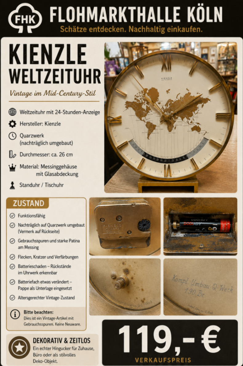 Kinzle Weltzeituhr umgebaut auf Quarlaufwerk siehe Beschreibung