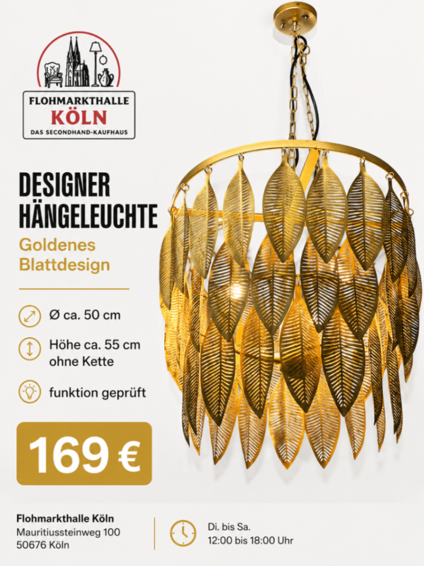 Große Designer Hängeleuchte Blattdesign Gold Metall Ø 50 cm