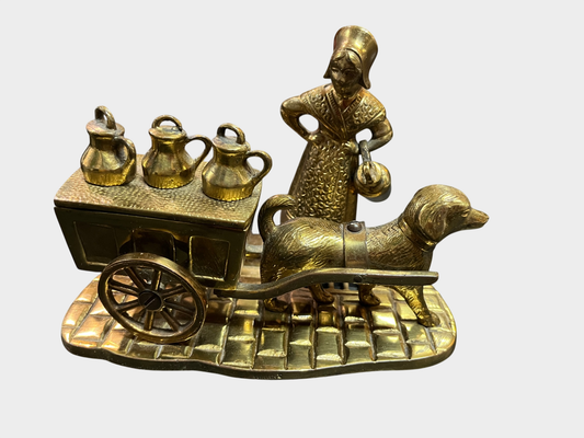 Messing Figur Hund mit Wagen Miniatur Dose Deckeldose Vintage