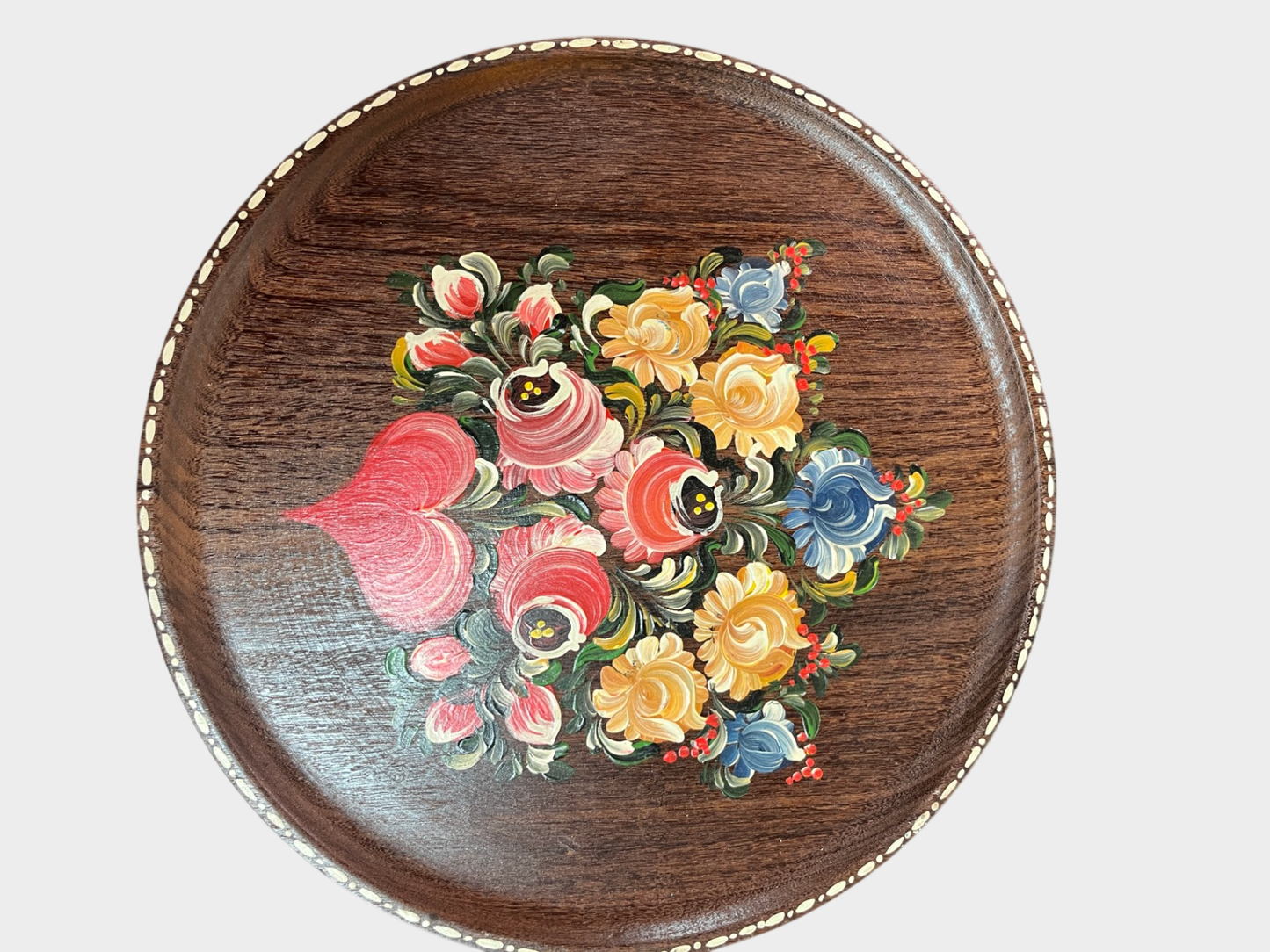 Vintage Wandteller Holz handbemalt Blumenmotiv Bauernmalerei 32 cm