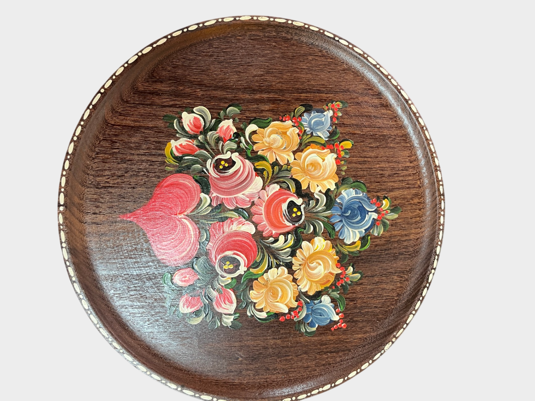 Vintage Wandteller Holz handbemalt Blumenmotiv Bauernmalerei 32 cm