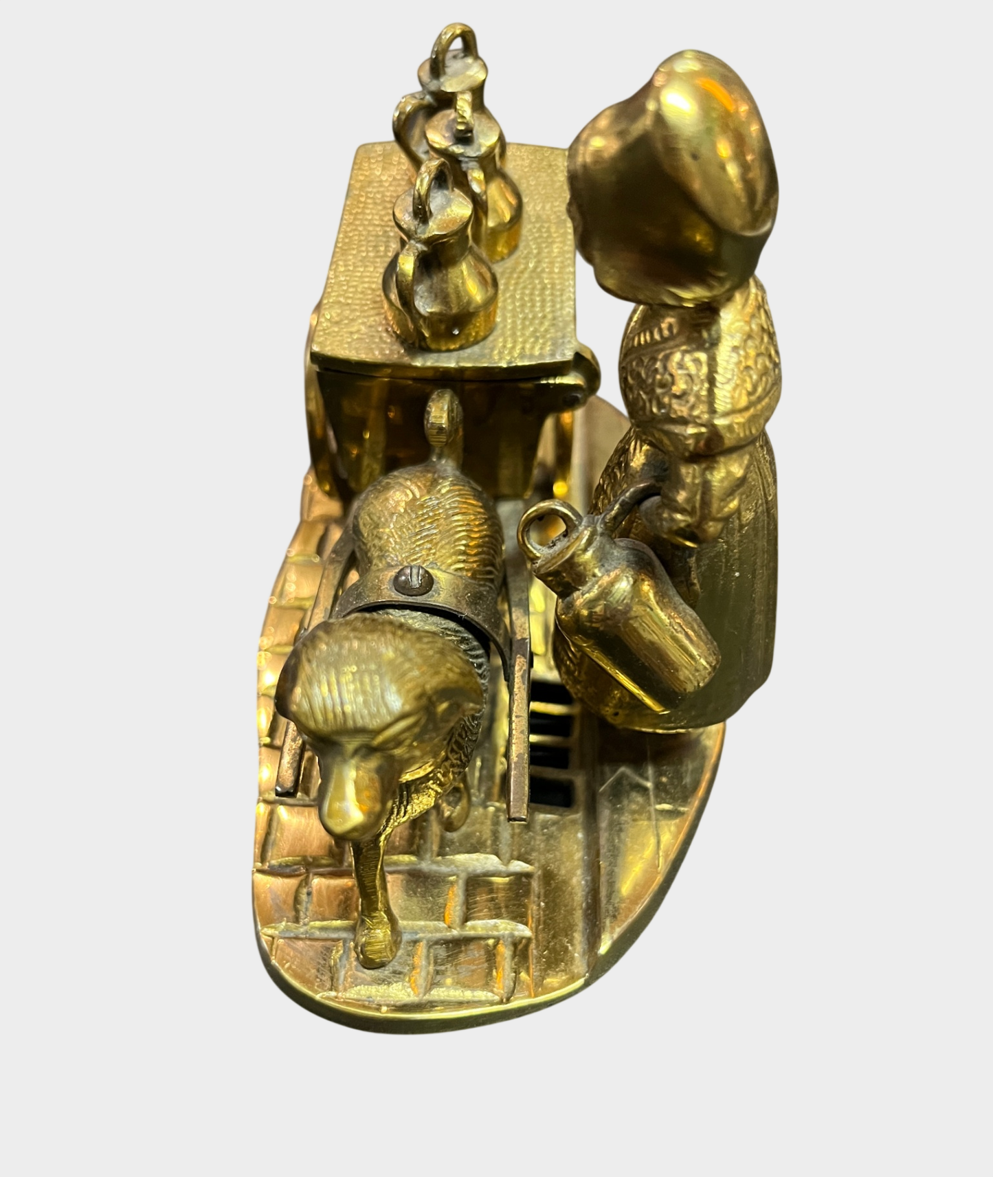 Messing Figur Hund mit Wagen Miniatur Dose Deckeldose Vintage
