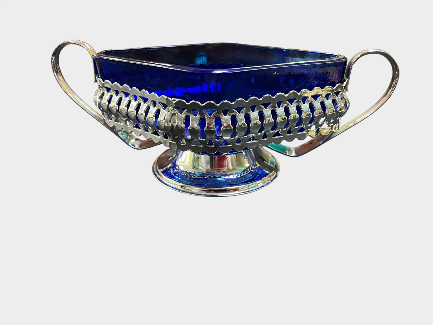 Art Deco Glasschale blau mit Metallmontur