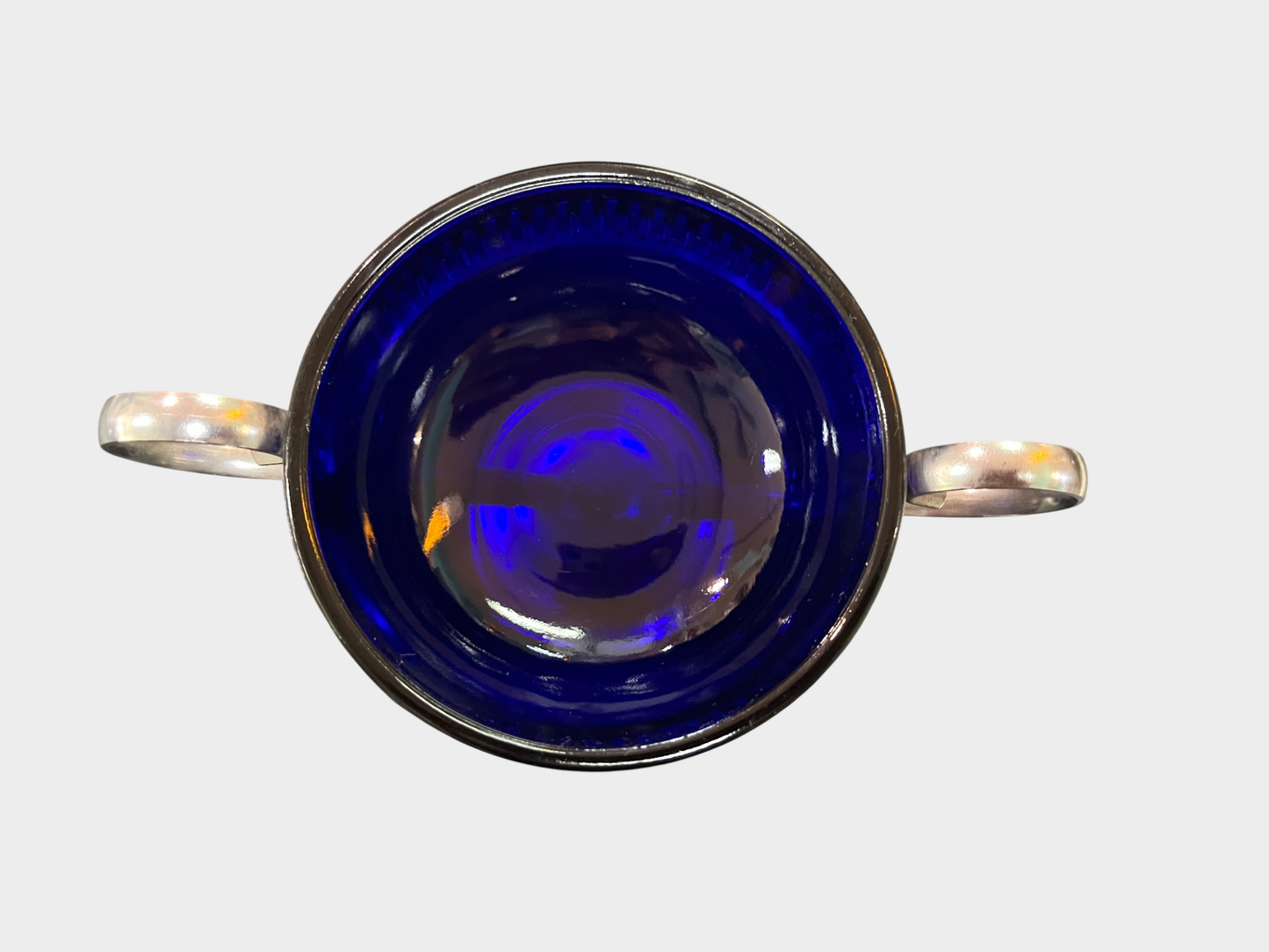 Art Deco Glasschale blau mit Metallhalterung 