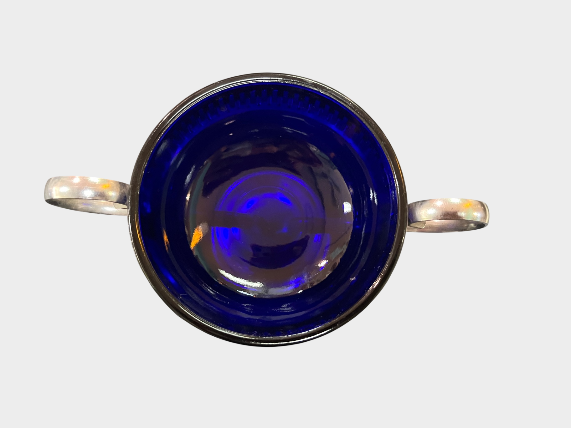 Art Deco Glasschale blau mit Metallhalterung 
