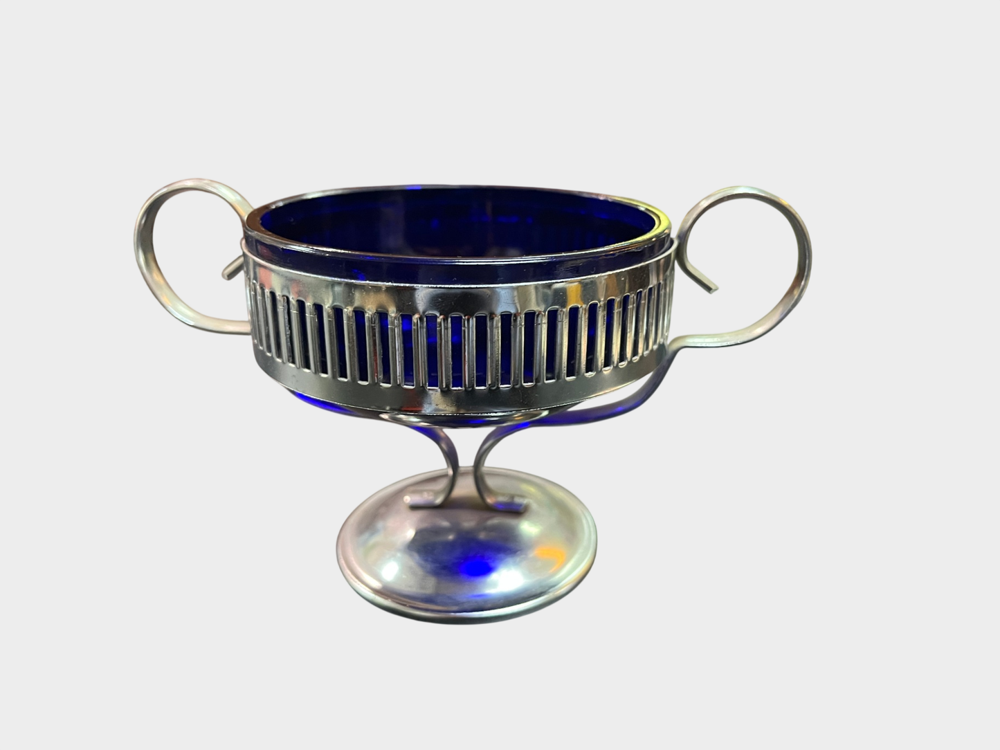 Art Deco Glasschale blau mit Metallhalterung 