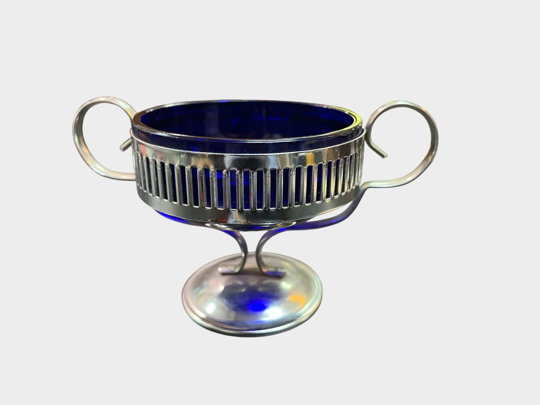 Art Deco Glasschale blau mit Metallhalterung 