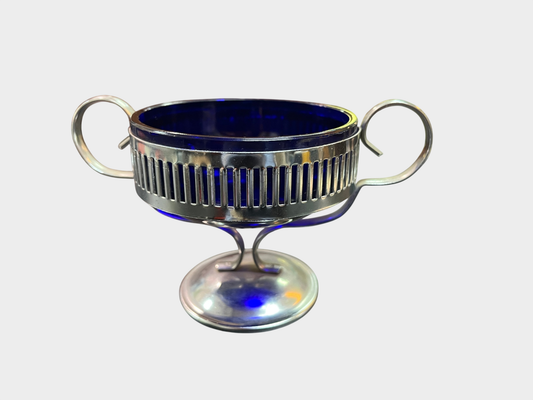 Art Deco Glasschale blau mit Metallhalterung 