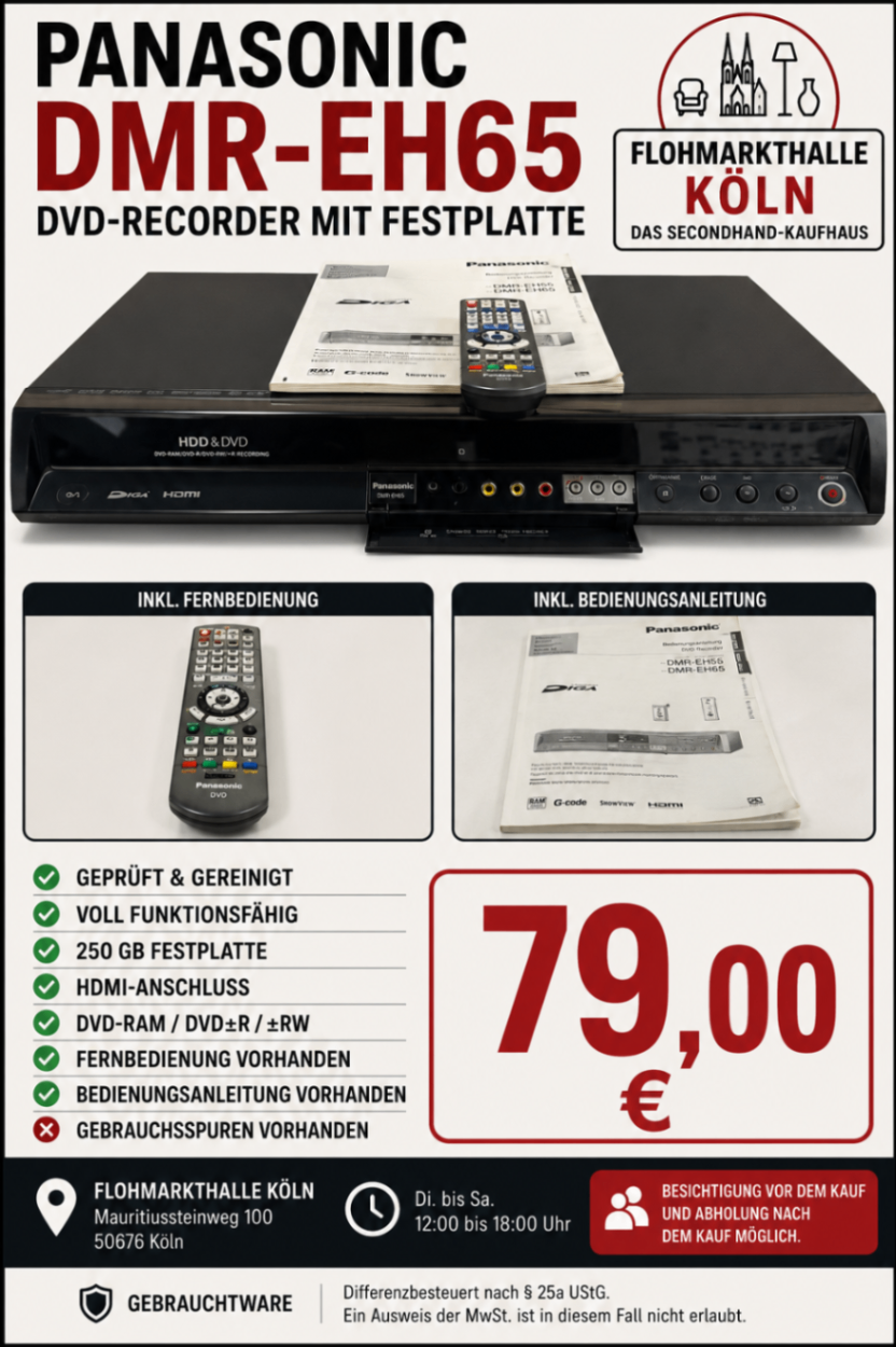 Panasonic DMR-EH65 DVD-Recorder HDD 250 GB HDMI Festplattenrecorder inkl. Fernbedienung