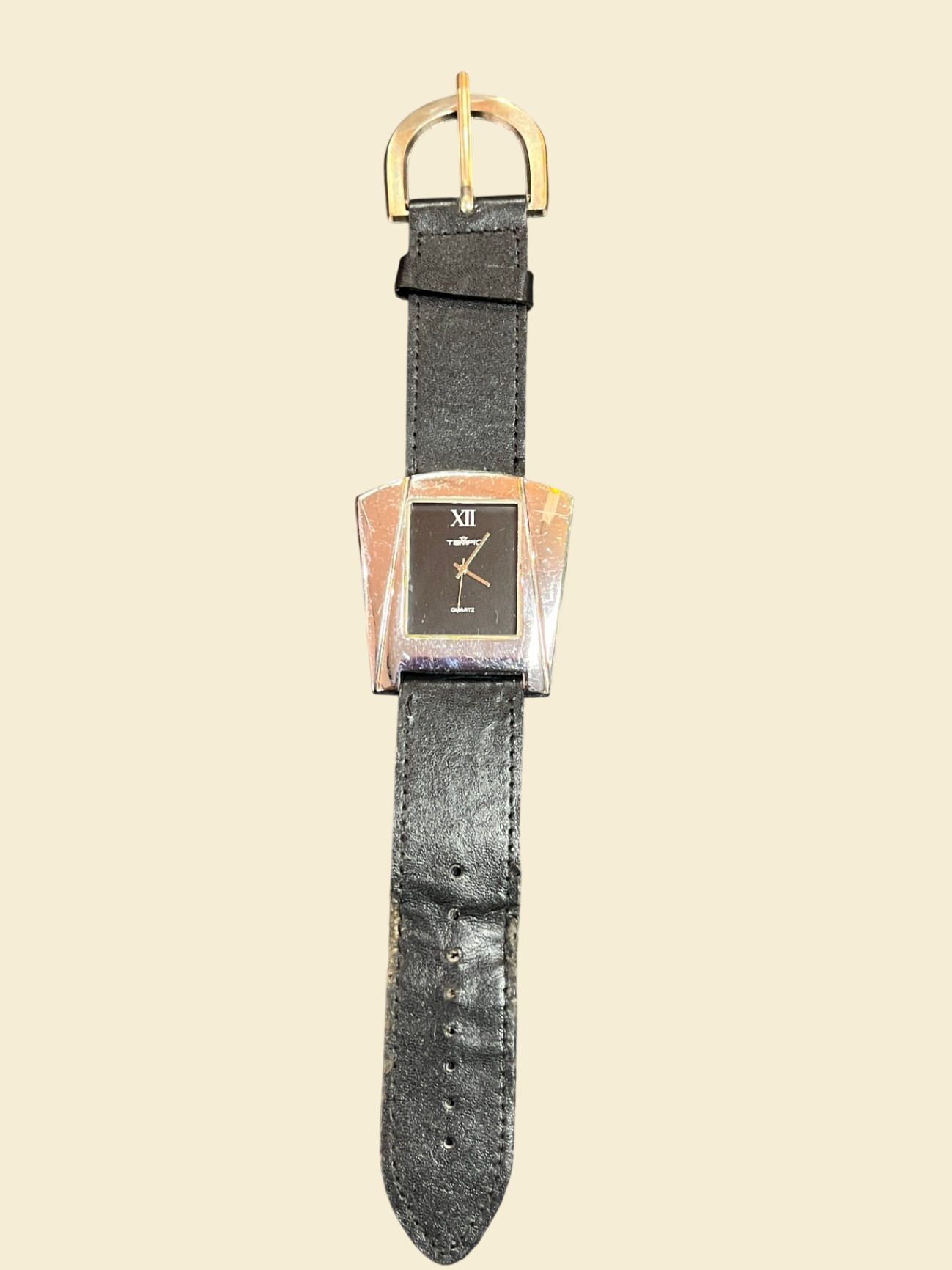 Tempic Quartz Armbanduhr Schwarz Lederarmband Rechteckiges Gehäuse