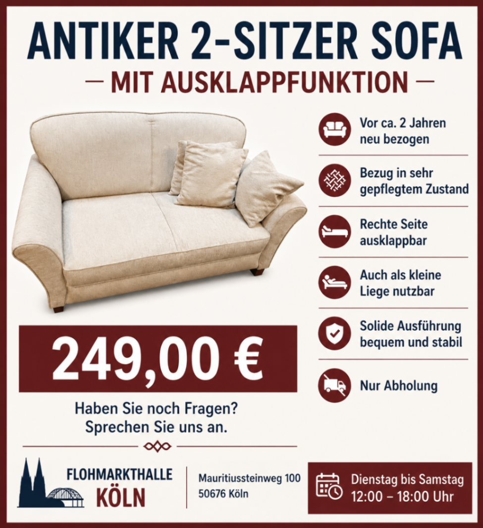 Antikes Sofa 2-Sitzer Ausklappbar Neu Bezogen Couch Beige Vintage
