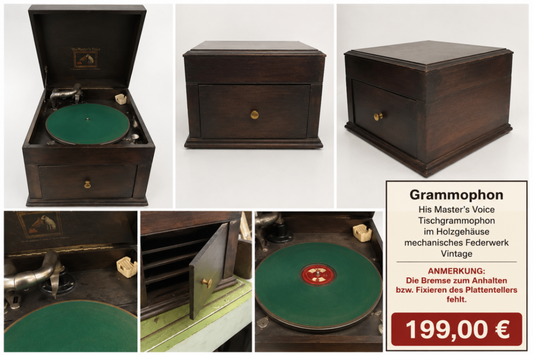 His Master's Voice Grammophon Tischgrammophon Holzgehäuse Federwerk Vintage