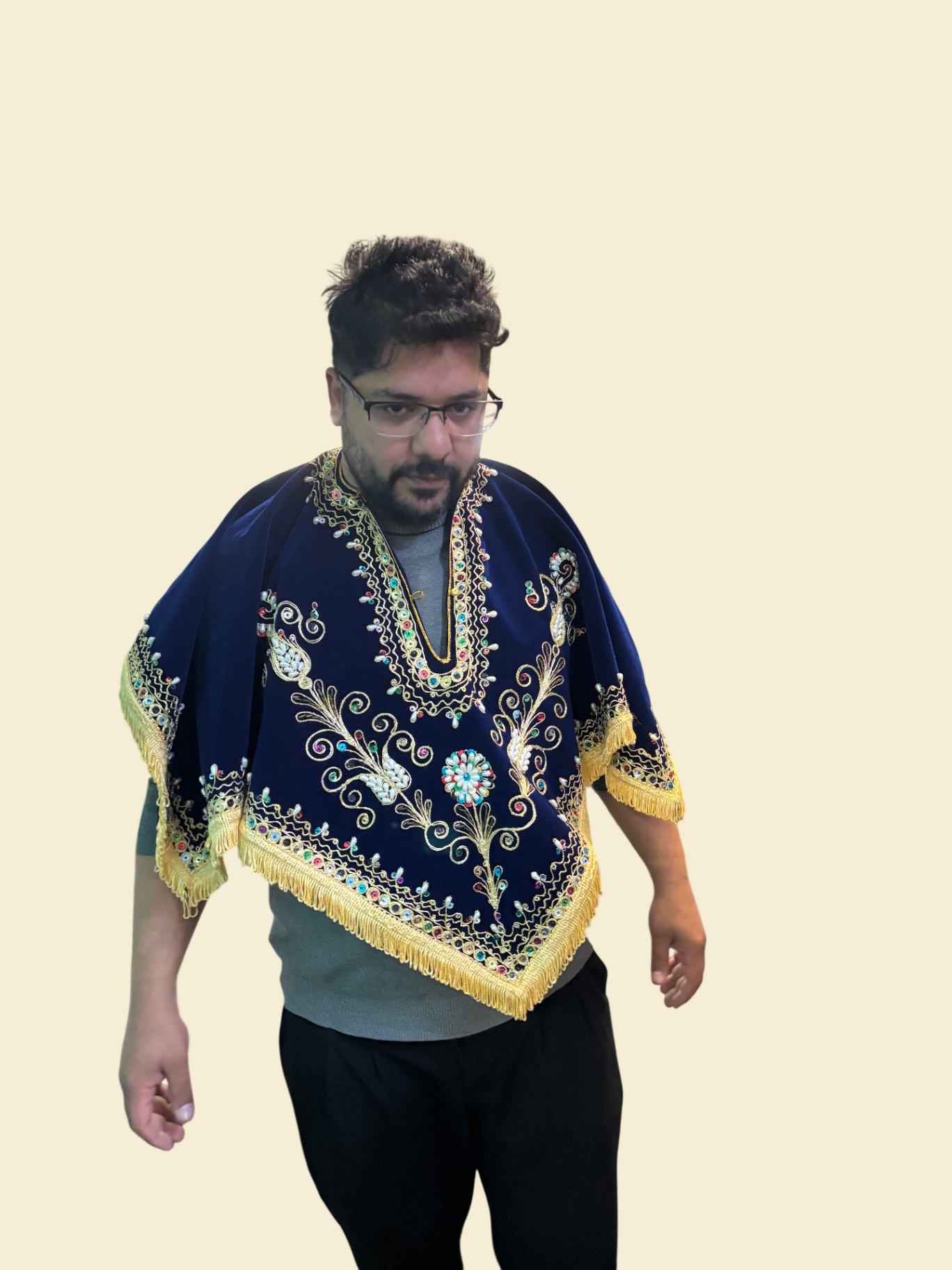 Bestickter Umhang Poncho Fransen Blau Zierstickerei