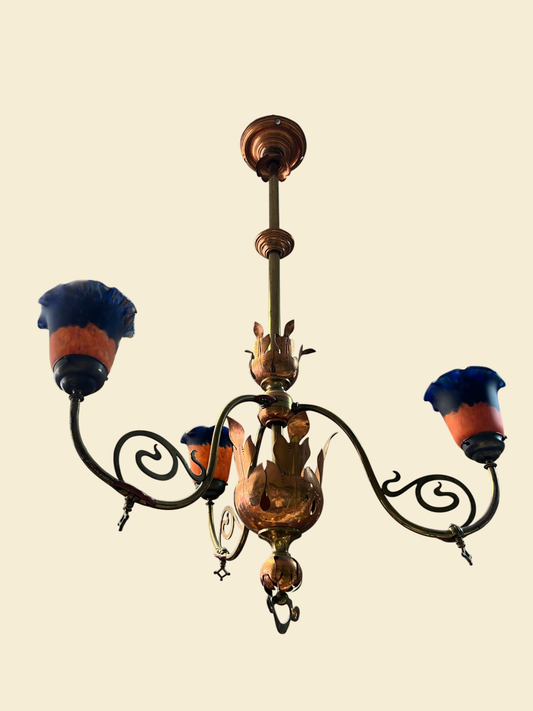 Jugendstil Deckenlampe Kupfer Messing 3-flammig Farbglas Hängeleuchte