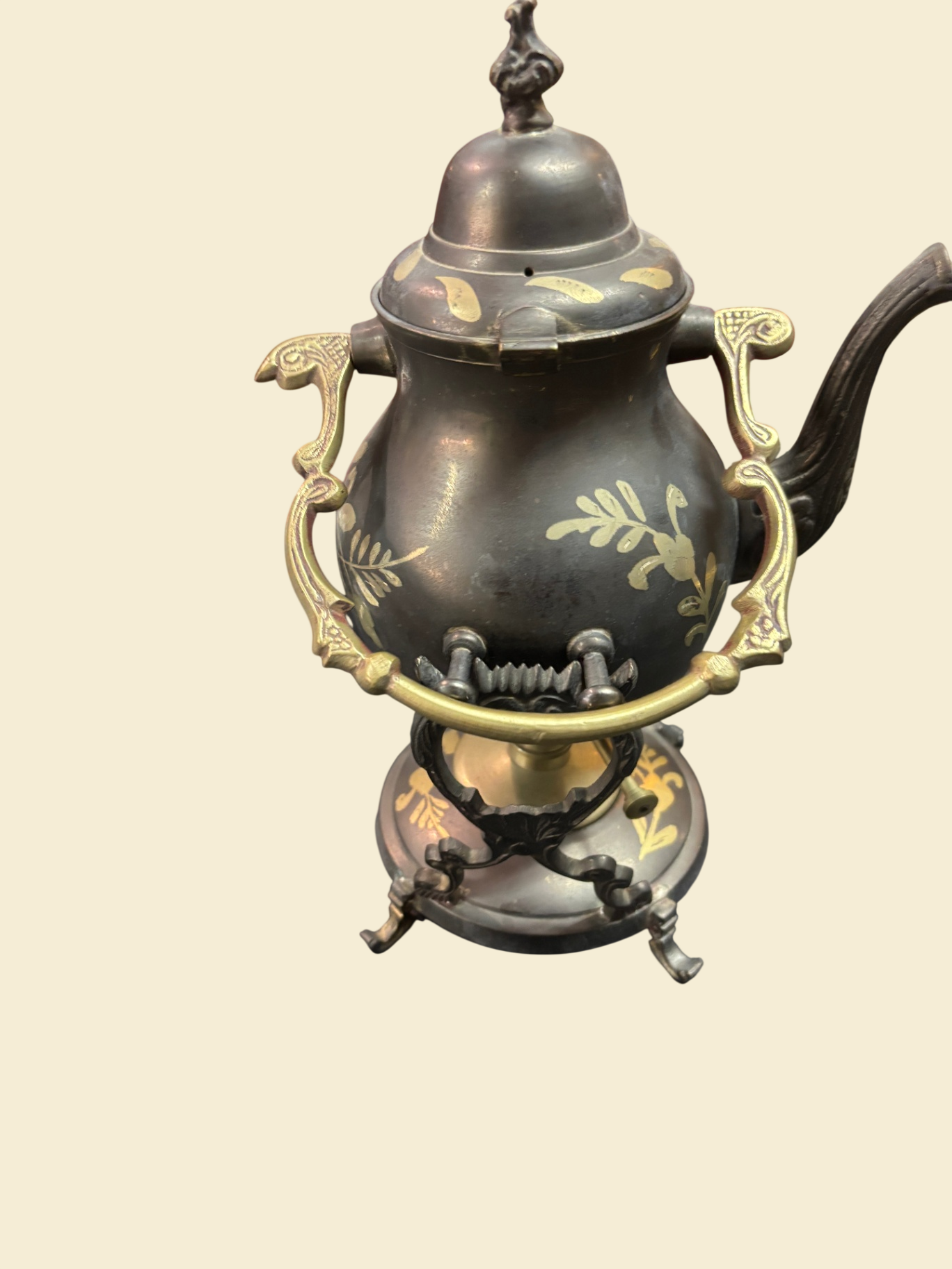 Historistische Kaffee- oder Teekanne mit Spiritusbrenner Rechaud Metall ca. 27 cm