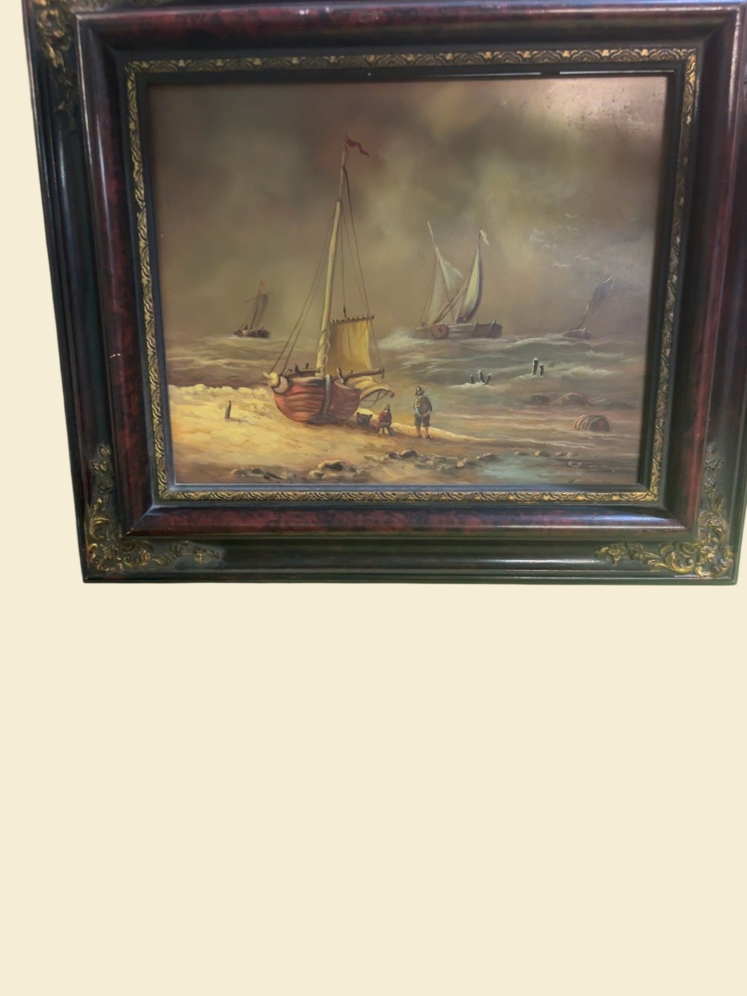 Handgemaltes Marinemotiv auf Holzplatte im dekorativen Zierrahmen 42 × 38 cm