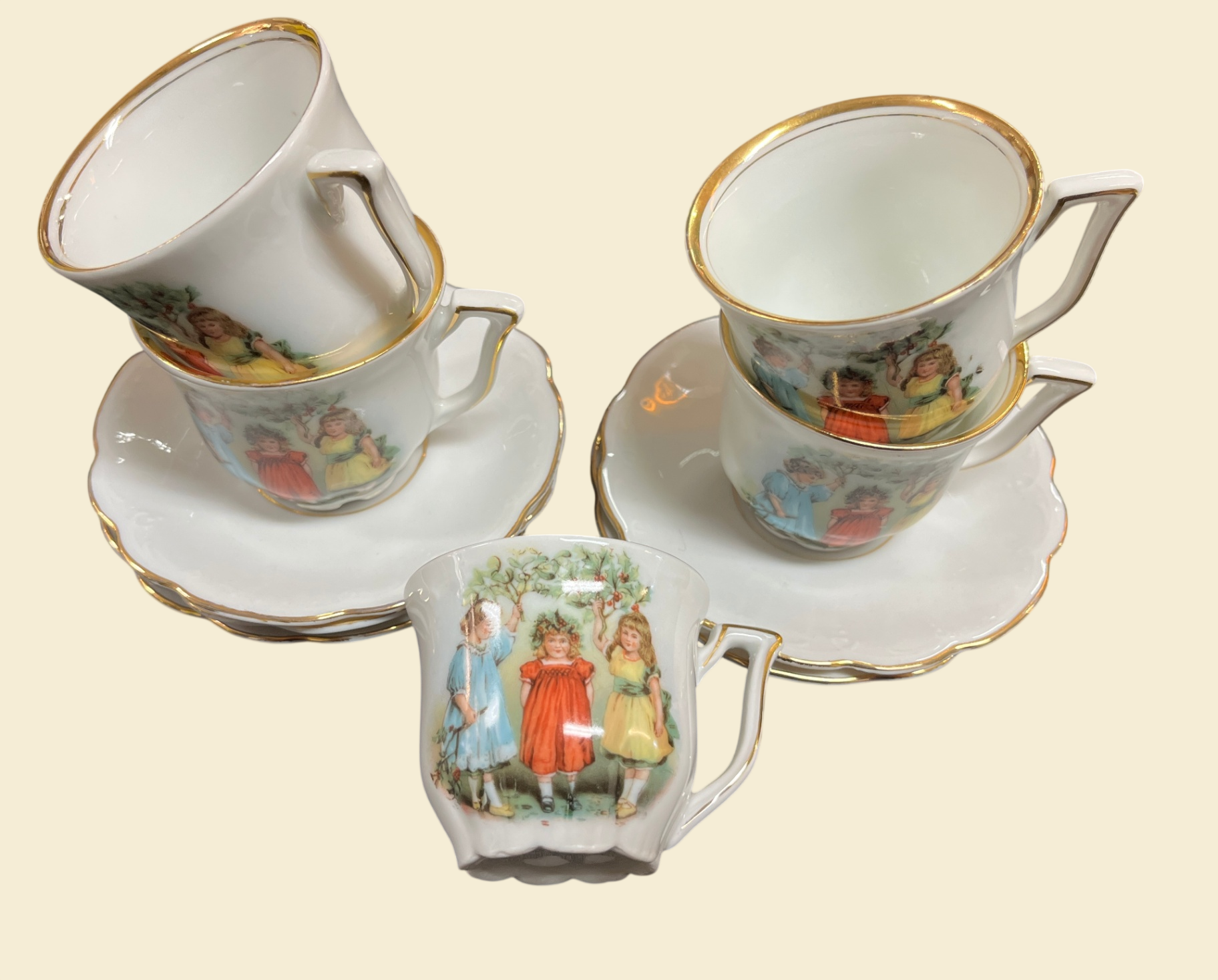 Puppenservice Porzellan Kindermotiv Goldrand 13-tlg Kaffee Set