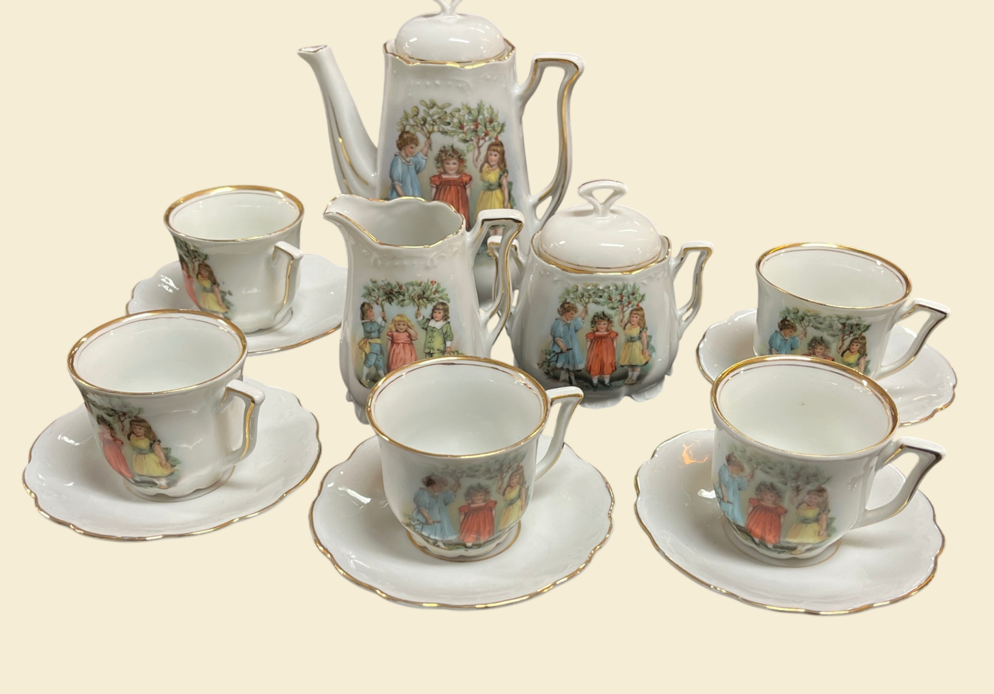 Puppenservice Porzellan Kindermotiv Goldrand 13-tlg Kaffee Set